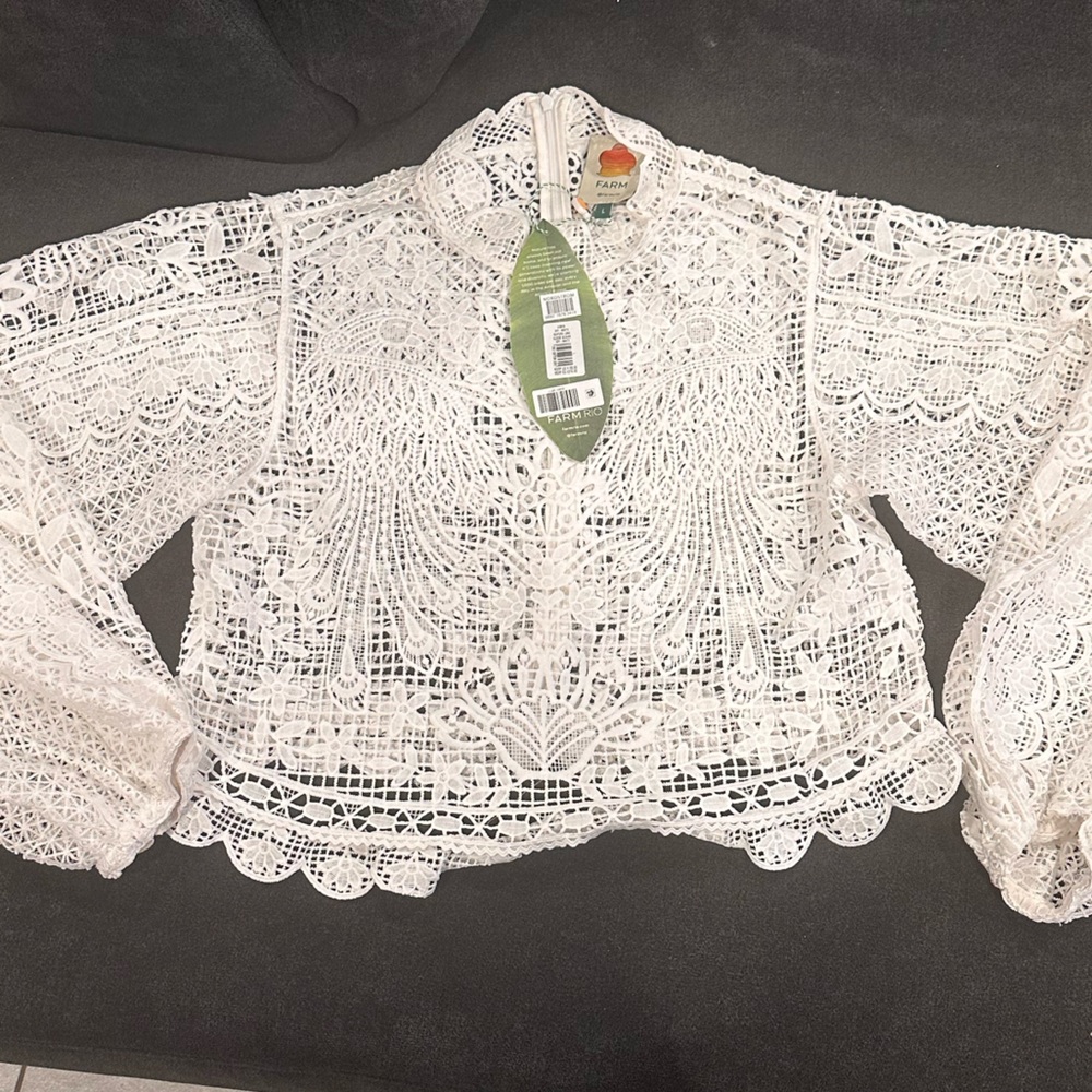 FARM Rio Cream Crochet Lace Long-Sleeve Blouse - Picture 2 of 4